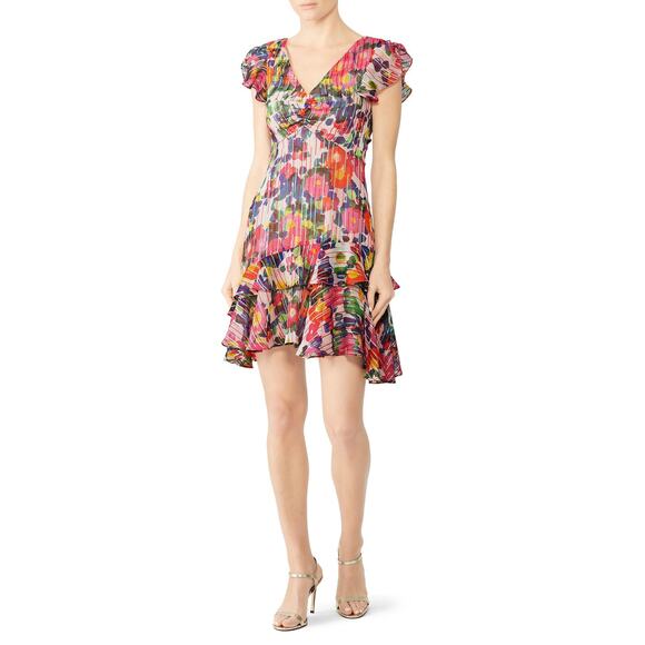 Saloni catia silk blend floral colorful asymmetric hem ruffle summer dress 2 US - Picture 4 of 10